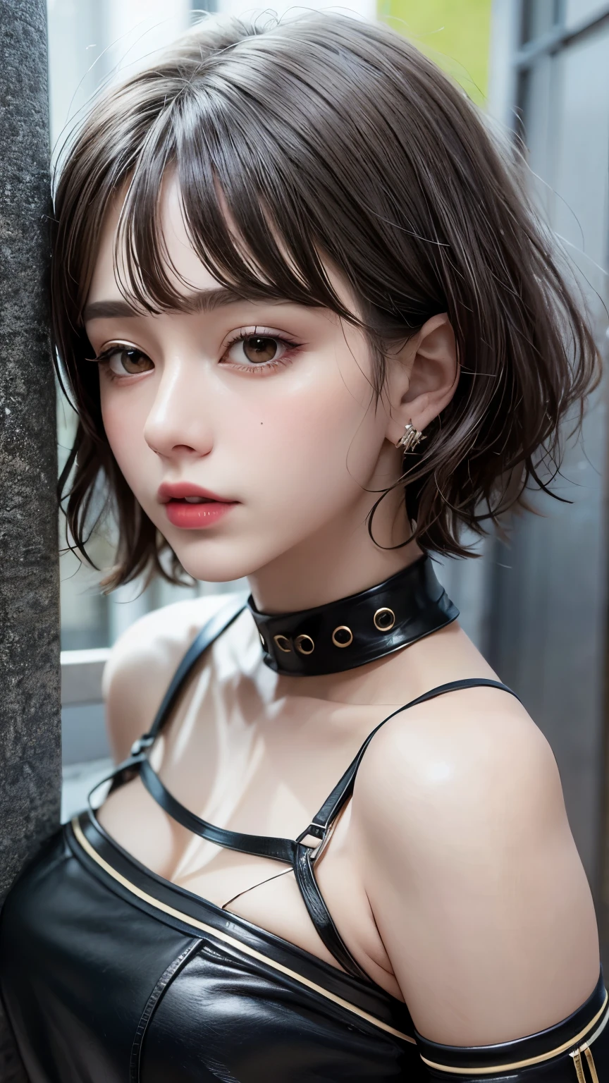 Masterpiece hyperrealist & Photorealistic beautiful girl, Realistic Skin (Pore-filled skin) Short Bob Cut Hair, Realistic red lips,Punk Girl, (head shot:1.5),Leather shorts