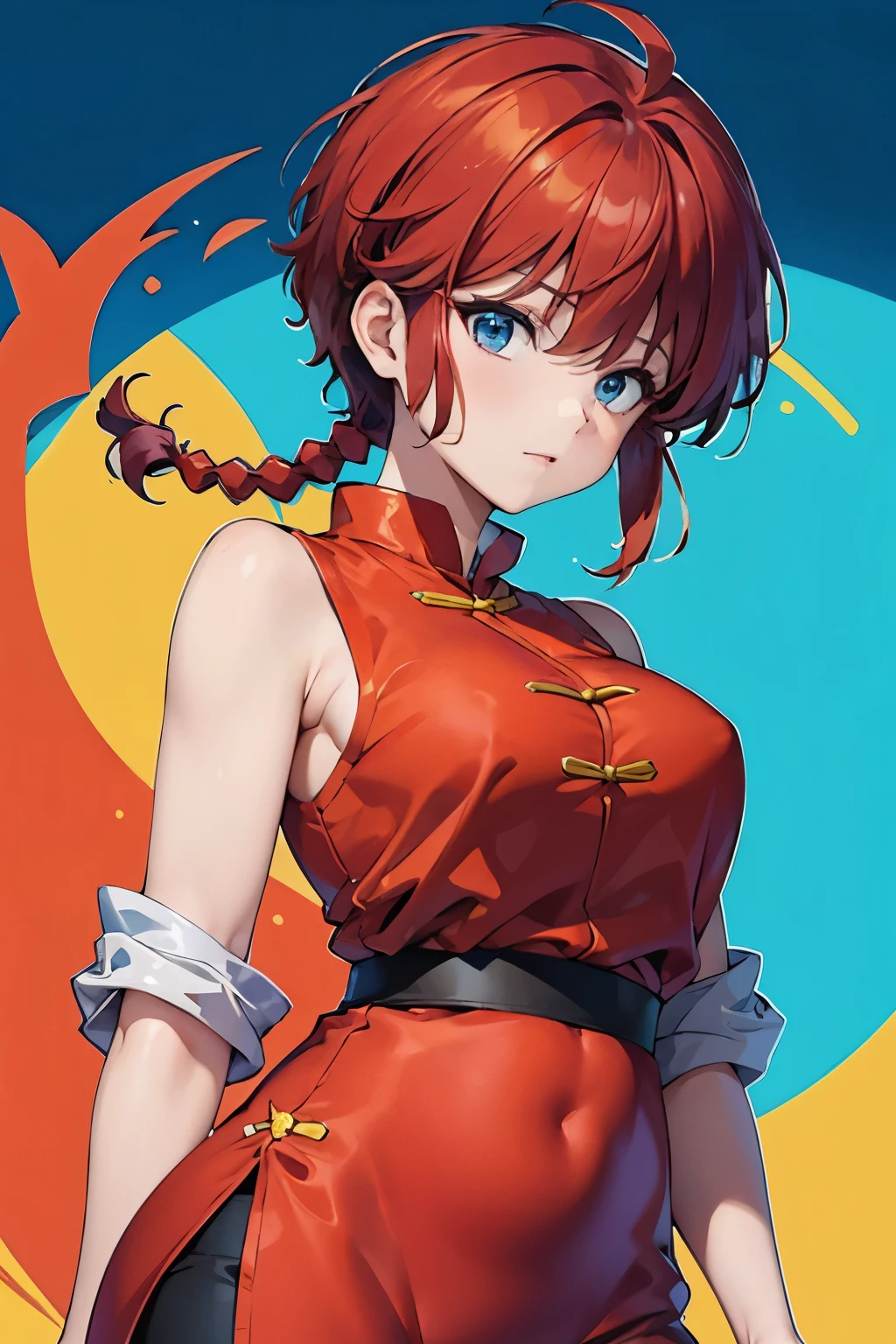 ((masterpiece)), high quality, very_high_resolution, large_filesize, full color, heavy outline, clear outline, colorful, (beautiful detailed eyes), (beautiful face:1.3), (boyish face), 1 girl, (femaleranma), (red hair), short hair, (braided ponytail), ((bangs)), bumpy bangs, blue-gray eyes, big breasts, curvy, black-wristbands, femaleranma, braided ponytail, chinese clothes, sleeveless, tangzhuang, black pants, cameltoe, standing, upper body, front view,