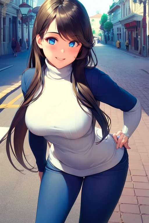 Best quality, high resolution, Pixel perfect, depth of fields, 8k, BREAK, 1 girl, alone, long hair, Shiny black hair, hair with golden highlights, perfect eyes, details eyes, Blue eyes:1.4, round eyes, Beautiful eyelashes, realistic eyes, (detailed face, blush:1.2 ), (Soft texture:0.75, Realistic texture:0.65, Photorealistic:1.2), medium breasts, (dynamic pose:1.4), looking at viewer, Perfect body, busty, (white turtleneck sweater, long sleeves, wearing jeans broken), smile, open mouth, leaning forward, hands behind the back, on a street with a sunny day.