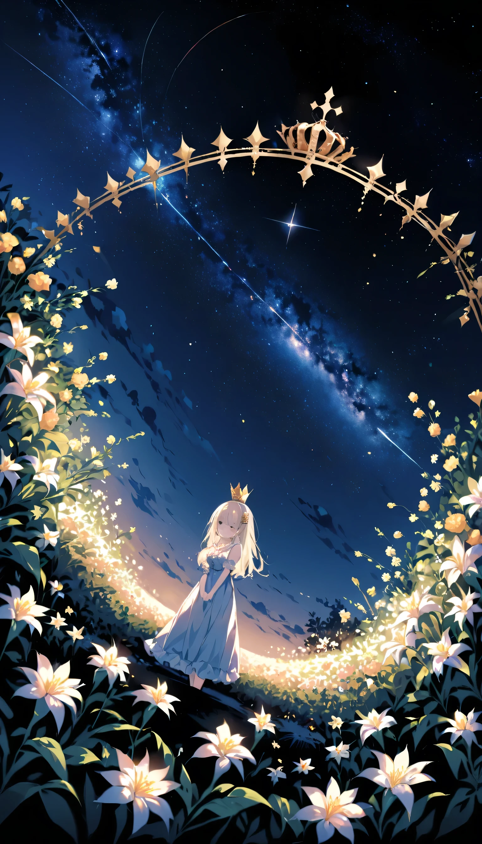 highest quality, expensive_solve, clear_image, Detailed Background ,girl, Random wear,flower, Night Sky,Dutch Angle, Wide Shot,A shy smile, Crown,  