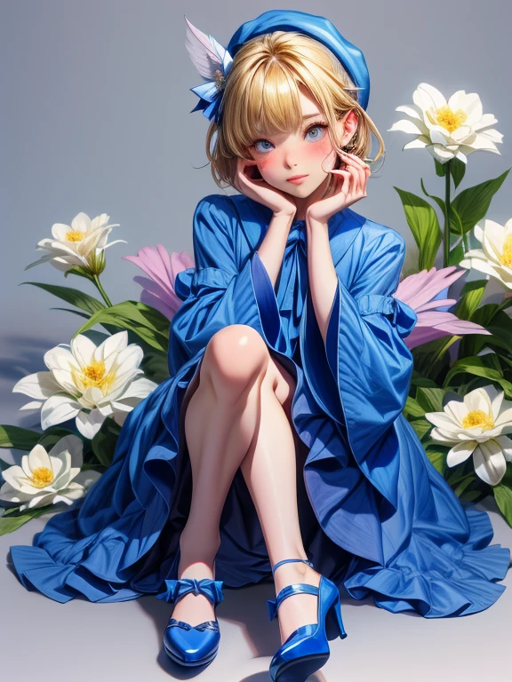 Uekura, 1 girl, Blonde, Well-kept garden background, have, dress, Blue footwear, wing, Simple Background, sign, flower, Manicure, Wide sleeves, Long sleeve, blush, animal, white flower, alone, whole body, bird, Looking at the audience, High heels, Put your hand on your cheek, Put your hands on your face, Frills, bow, bangs, ribbon, Bell, Blue hat, +_+, shoes下, short hair, Grey Eyes, shoes, Blue Claws, feathered wing, blue bow