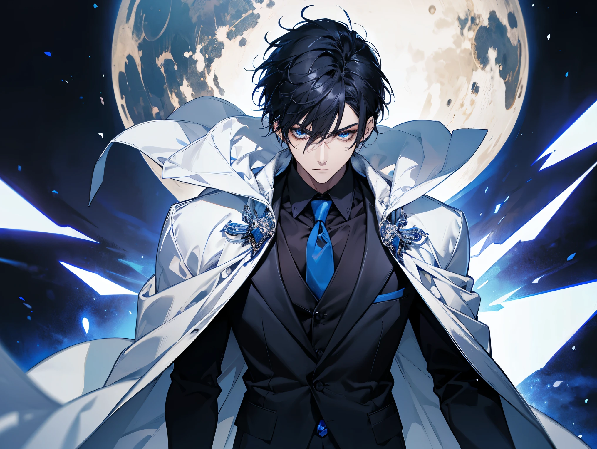 1 man, teacher, wearing white shirt, white cloak, black suit, black long pants, black hair, short hair, blue eyes, red tie, face to detail, detailed eyes, the background is a large blue galaxy, holding a futuristic blue katana