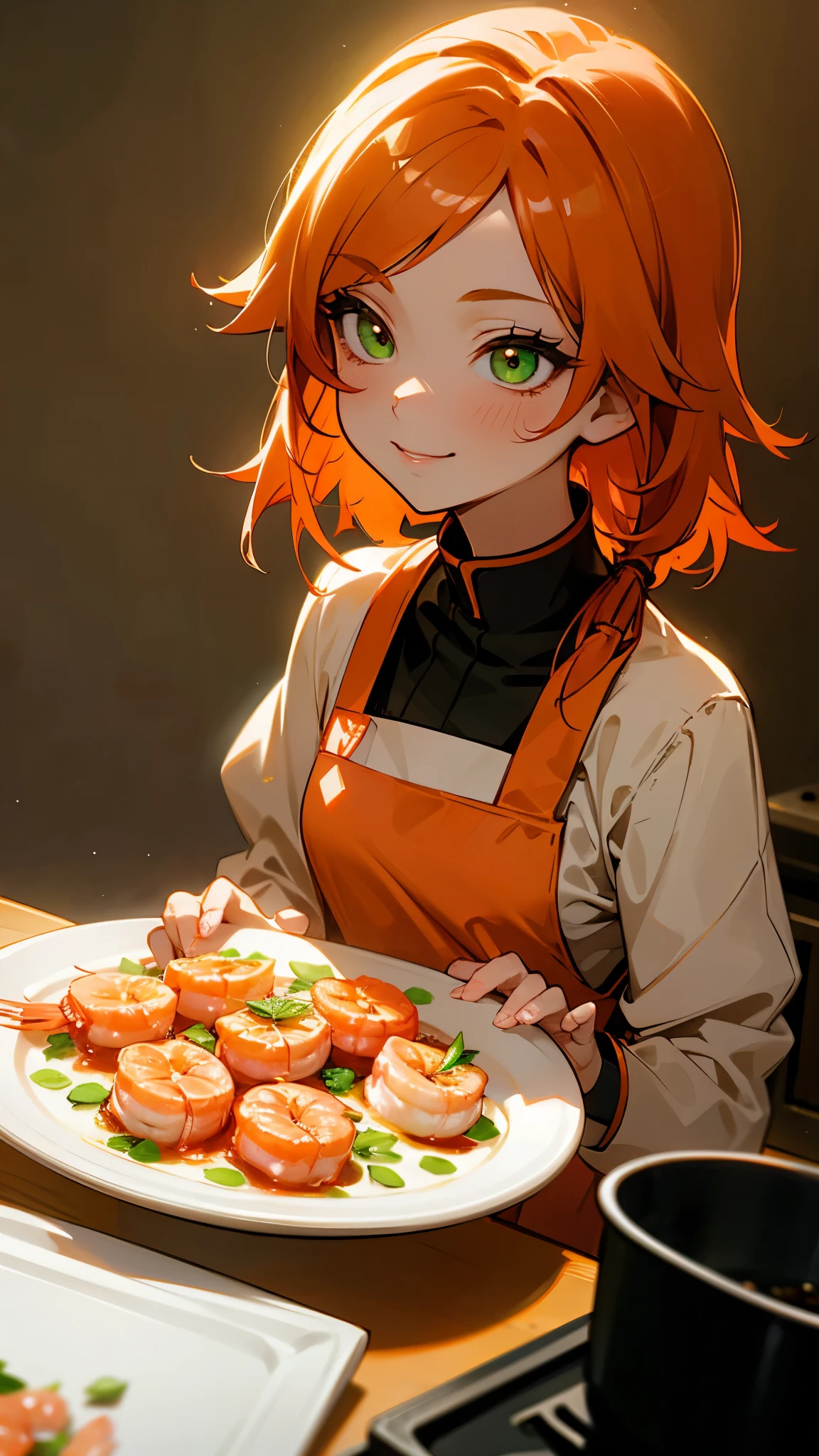 1 chica、alone、pelo naranja、ojos verdes、sonrisa、cocinando en la cocina、Cocinar camarones en un plato、Iluminación profesional、estilo animado、Primer plano de la parte superior del cuerpo