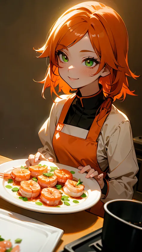 1 girl、alone、orange hair、green eyes、smile、cooking in the kitchen、cooking shrimp on a plate、professional lighting、anime style、upp...