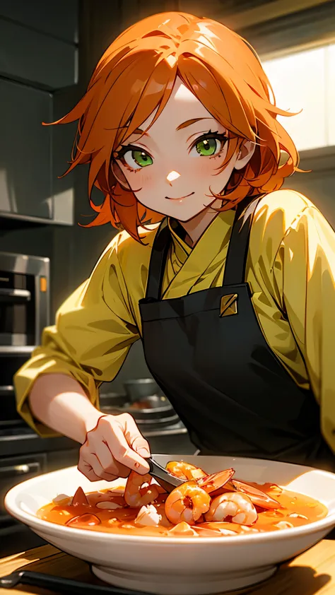 1 girl、alone、Orange Hair、Green Eyes、smile、Cooking in the kitchen、Cooking shrimp on a plate、Professional Lighting、Anime Style、Upp...