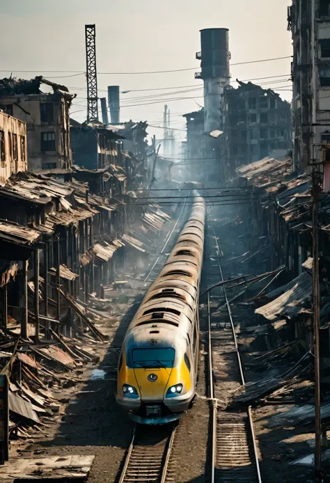 diagonal image of a dirty and rusty bullet train in a post-apocalyptic city, there are many ruined buildings around and in the b...