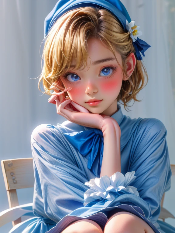 {{masterpiece、highest quality、(((Realistic、Realistic:1.37)))、8K quality}}, Uekura, 1 girl, Blonde, Well-kept garden background, have, dress, Blue footwear, wing, Simple Background, sign, flower, Manicure, Wide sleeves, Long sleeve, blush, animal, white flower, alone, whole body, bird, Looking at the audience, High heels, Put your hand on your cheek, Put your hands on your face, Frills, bow, bangs, ribbon, Bell, Blue hat, +_+, shoes下, short hair, Grey Eyes, shoes, Blue Claws, feathered wing, blue bow