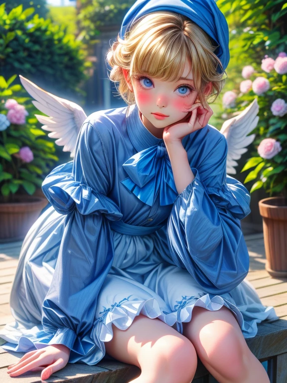 {{masterpiece、highest quality、(((Realistic、Realistic:1.37)))、8K quality}}, Uekura, 1 girl, Blonde, Well-kept garden background, have, dress, Blue footwear, wing, Simple Background, sign, flower, Manicure, Wide sleeves, Long sleeve, blush, animal, white flower, alone, whole body, bird, Looking at the audience, High heels, Put your hand on your cheek, Put your hands on your face, Frills, bow, bangs, ribbon, Bell, Blue hat, +_+, shoes下, short hair, Grey Eyes, shoes, Blue Claws, feathered wing, blue bow