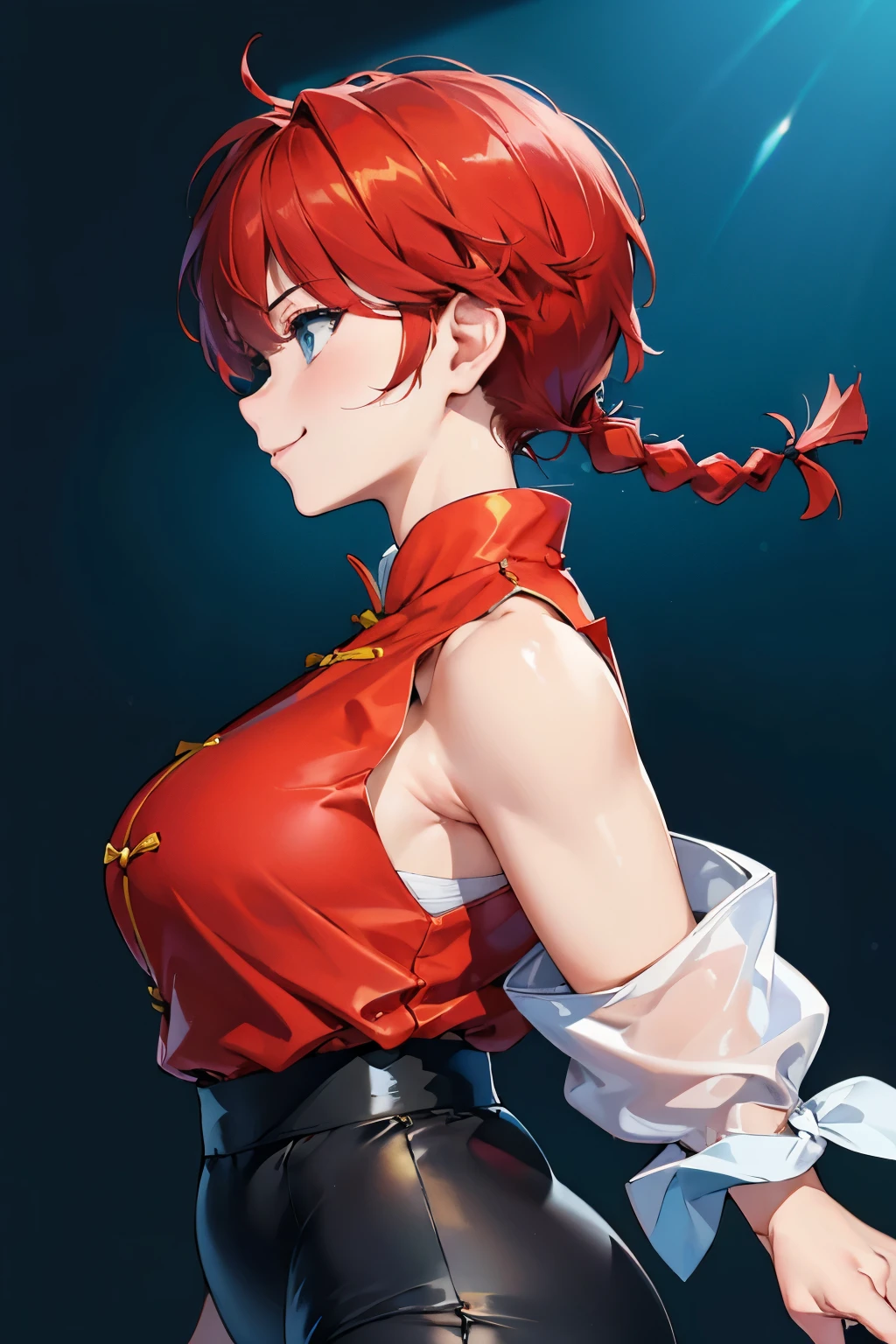 ((masterpiece)), high quality, very_high_resolution, large_filesize, full color, heavy outline, clear outline, colorful, (beautiful detailed eyes), (beautiful face:1.3), (boyish face:1.3), 1 girl, (femaleranma), (red hair), short hair, (braided ponytail), ((bangs)), bumpy bangs, blue-gray eyes, big breasts, curvy, black-wristbands, femaleranma, braided ponytail, chinese clothes, sleeveless, tangzhuang, black pants, cameltoe, standing, upper body, ((from side:1.4)), smile,