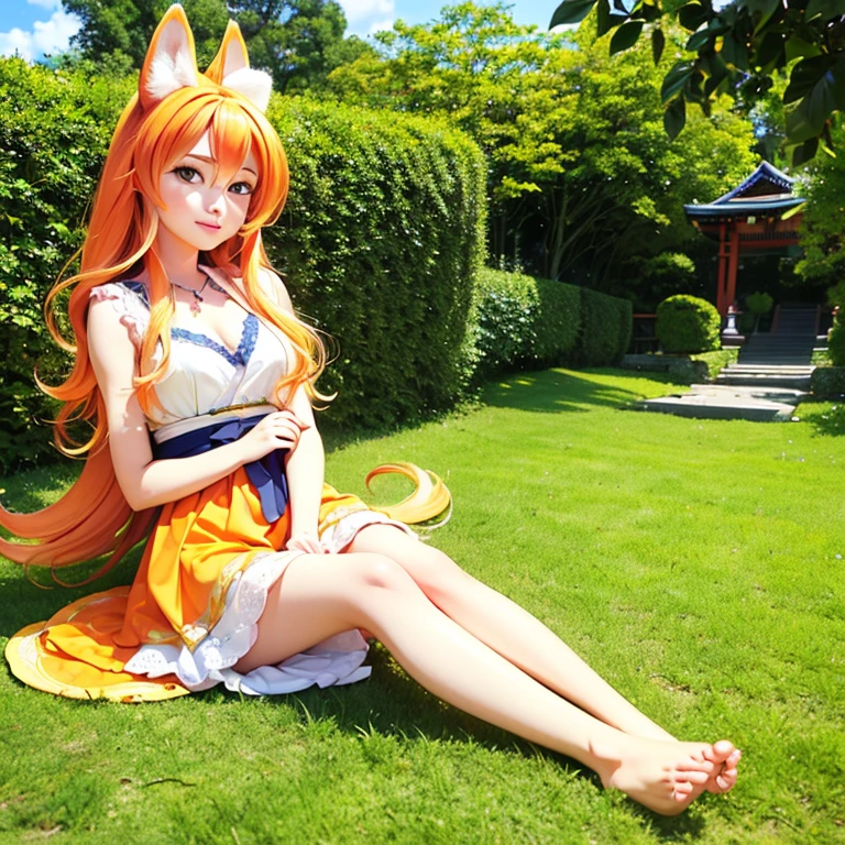 (best quality,4k,8k,highres,masterpiece:1.2),ultra-detailed,(realistic,photorealistic,photo-realistic:1.37),cute,solo girl with orange long wavy hair,blue eyes,fox ears,fluffy fox tail,summer time in Japan,beautiful garden scenery,lush greenery,colorful