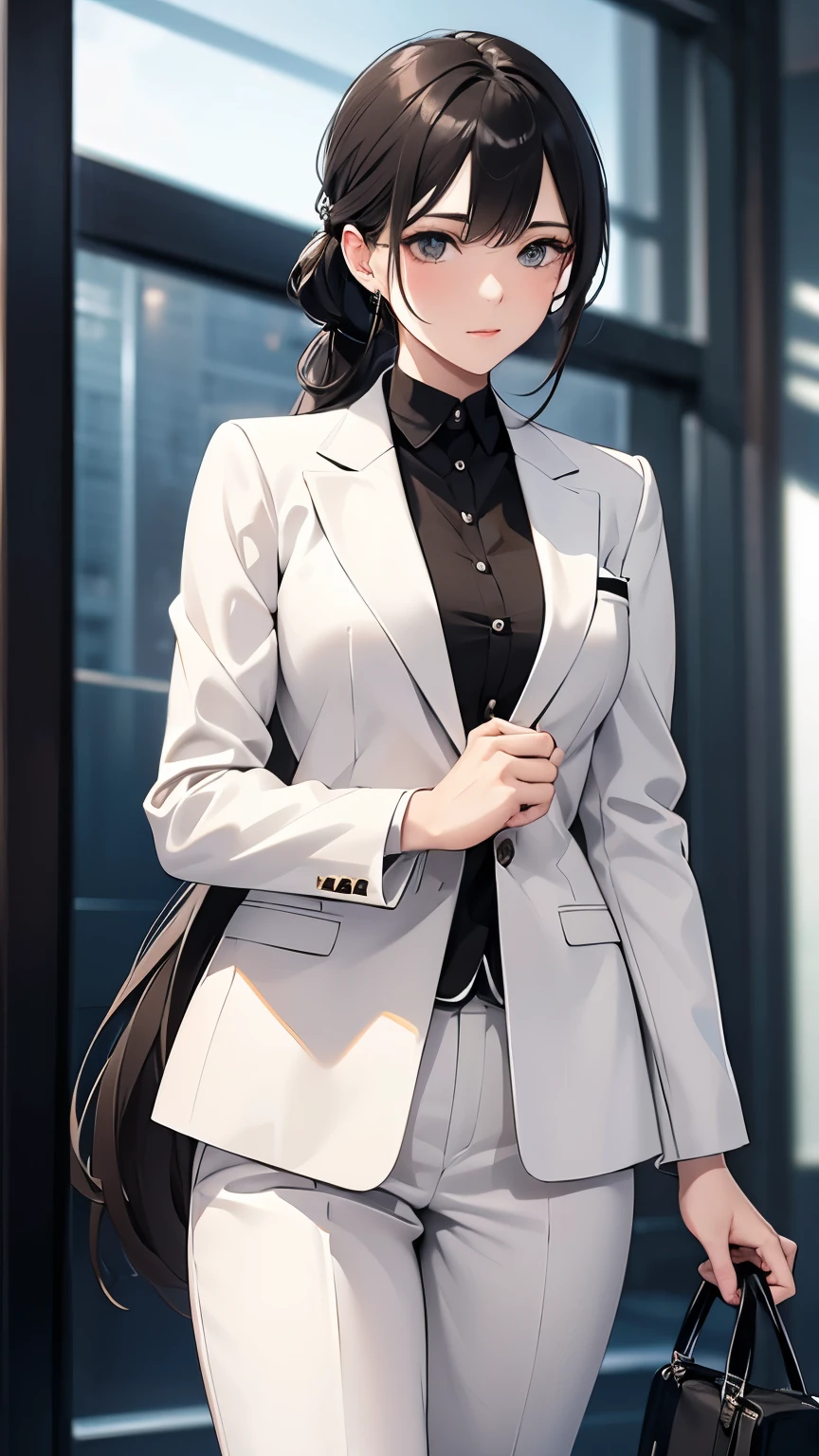 Anime girl in a suit with a handbag walking down a hallway SeaArt AI