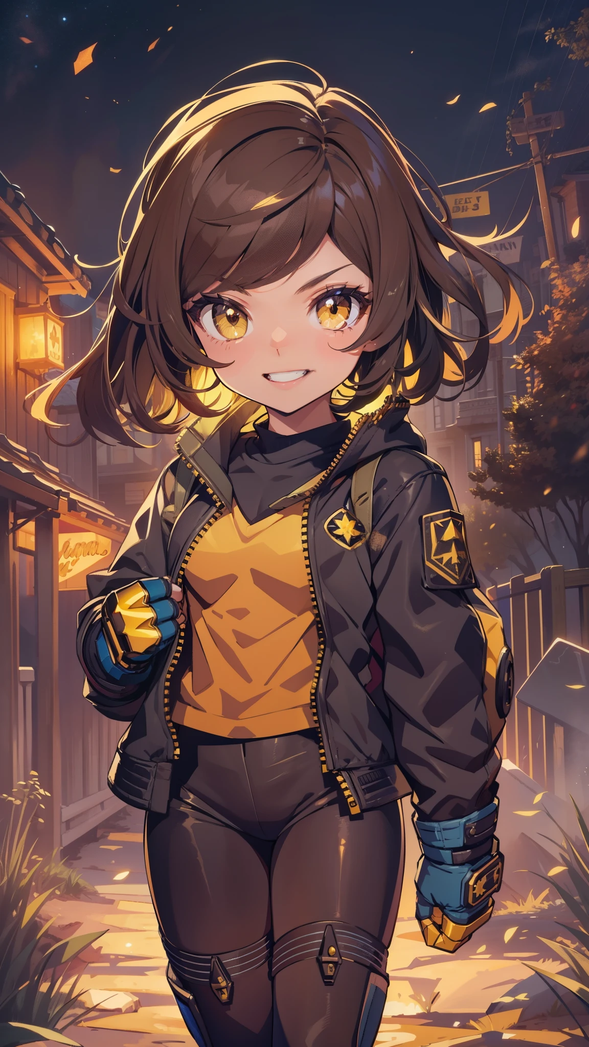 short hair, brown hair, yellow glowing eyes, perfect lips,big smile , confident smile,cute expression, cute face, walking in the campfield,  golden power  gauntlets,  gun, tank top, jacket, alert pose, ultra detailed face, long eyelashes, sharp eyes , Fullbody shot, dinamic viewer, night sky , dinamic point of view, diferents point of view, campfield, bonfire 