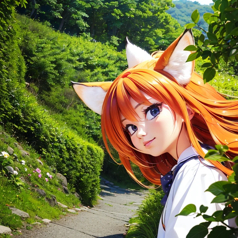 (best quality,4k,8k,highres,masterpiece:1.2),ultra-detailed,(realistic,photorealistic,photo-realistic:1.37),cute,solo girl with orange long wavy hair,blue eyes,fox ears,fluffy fox tail,summer time in Japan,beautiful garden scenery,lush greenery,colorful