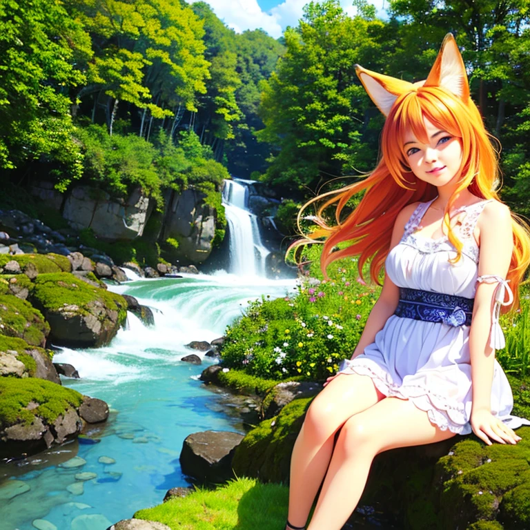 (best quality,4k,8k,highres,masterpiece:1.2),ultra-detailed,(realistic,photorealistic,photo-realistic:1.37),cute,solo girl with orange long wavy hair,blue eyes,fox ears,fluffy fox tail,summer time in Japan,beautiful garden scenery,lush greenery,colorful