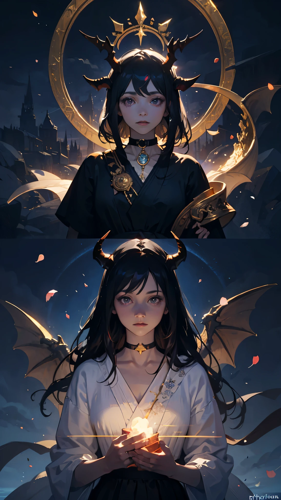 Seven Rhaeyar (Deylta), Ancient Star goddess, Royalty, Adult Female, pale skin, Gray colored eyes, Long Black Hair, a set of black colored horns on her head, Neutral facial expression, Elegant black dress, Black choker collar, dragon motifs, gold and rope accessories, simple background, receiving light from the front, Ethereal glow, View of the open blue sky with only clouds, blue flower petals