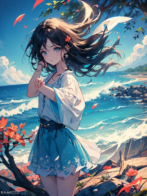 1 garota,cabelo preto, Cabelo flutuante, beira-mar,scenario,paisagem,flores de cerejeira, falling petals, raio de Sol,raios de d...