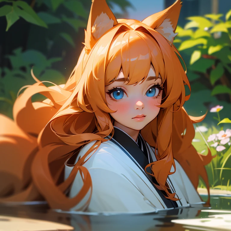 (best quality,4k,8k,highres,masterpiece:1.2),ultra-detailed,(realistic,photorealistic,photo-realistic:1.37),cute,solo girl with orange long wavy hair,blue eyes,fox ears,fluffy fox tail,summer time in Japan,beautiful garden scenery,lush greenery,colorful