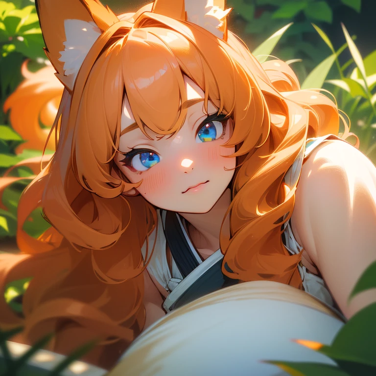 (best quality,4k,8k,highres,masterpiece:1.2),ultra-detailed,(realistic,photorealistic,photo-realistic:1.37),cute,solo girl with orange long wavy hair,blue eyes,fox ears,fluffy fox tail,summer time in Japan,beautiful garden scenery,lush greenery,colorful