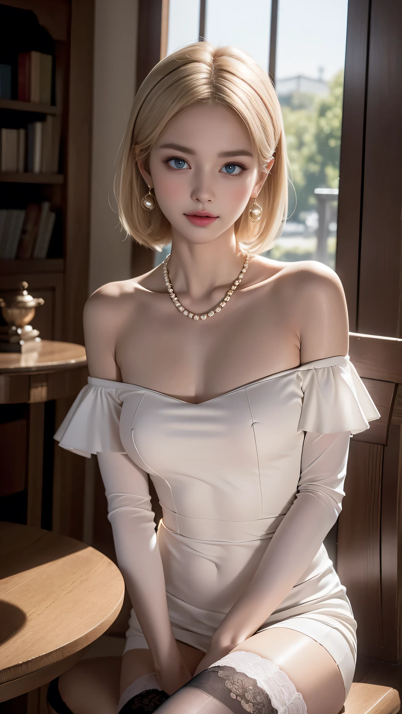 （(Girl sitting on chair in library))、Best quality work，Actual work，jewelry、(Pearl Necklace、Earrings),Ultra Premium Graphics，8K HD CG Works，High quality graphics，High-definition CG works，10x pixels，Extremely fine detail：1.1，Advanced Technical Details：1.1 Photorealistic，Indoor lighting effects：1.5，Natural light：1.5. Light effects（virtual Light effects：1.8）,((Golden white short hair)）、（Bob Hair）, Thin eyebrows，High nose, Nice red lips, Rose Cheeks, A face with subtle makeup , Cute face, perfectly balanced face，(），A light-toned foundation enhances the clarity of your skin.、,((Off-the-shoulder pure white dress)). 40k, photograph, Tabletop, highest quality, Rainy background, ((1 Beautiful eyes light haired girl,  White skin, Various poses.((Medium sized breasts,:1.1)), highest quality, Tabletop, Ultra-high resolution, (Realistic:1.4), RAWphotograph, (Perfect figure), (slim:1.3), Slim abdomen, Perfect slim figure, Dynamic Pose, alone, Cold light 12000K, Very detailed facial and skin texture, Fine grain, Realistic eyes, Beautiful fine grain, (Realistic Skin), Charm, 超A high resolution, Surreal, Very detailed、(Black Stockings)、