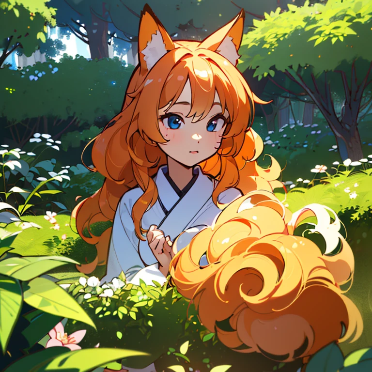 (best quality,4k,8k,highres,masterpiece:1.2),ultra-detailed,(realistic,photorealistic,photo-realistic:1.37),cute,solo girl with orange long wavy hair,blue eyes,fox ears,fluffy fox tail,summer time in Japan,beautiful garden scenery,lush greenery,colorful