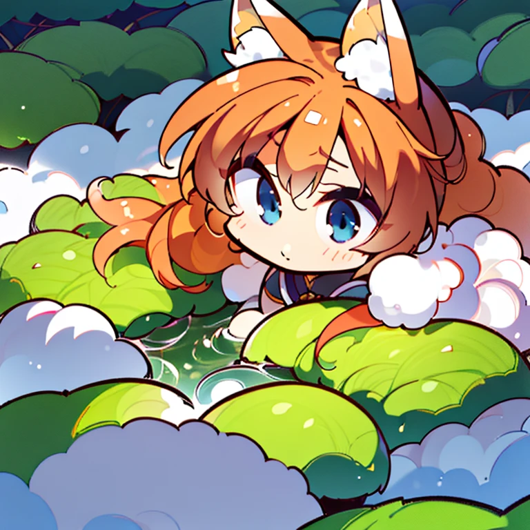 (best quality,4k,8k,highres,masterpiece:1.2),ultra-detailed,(realistic,photorealistic,photo-realistic:1.37),cute,solo girl with orange long wavy hair,blue eyes,fox ears,fluffy fox tail,summer time in Japan,beautiful garden scenery,lush greenery,colorful