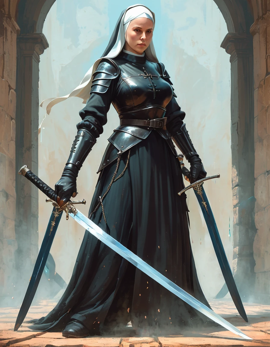 橡胶软管风格的插图，描绘了一个生病的修女手持双剑, 全身, 笑 , 火地牢背景. 