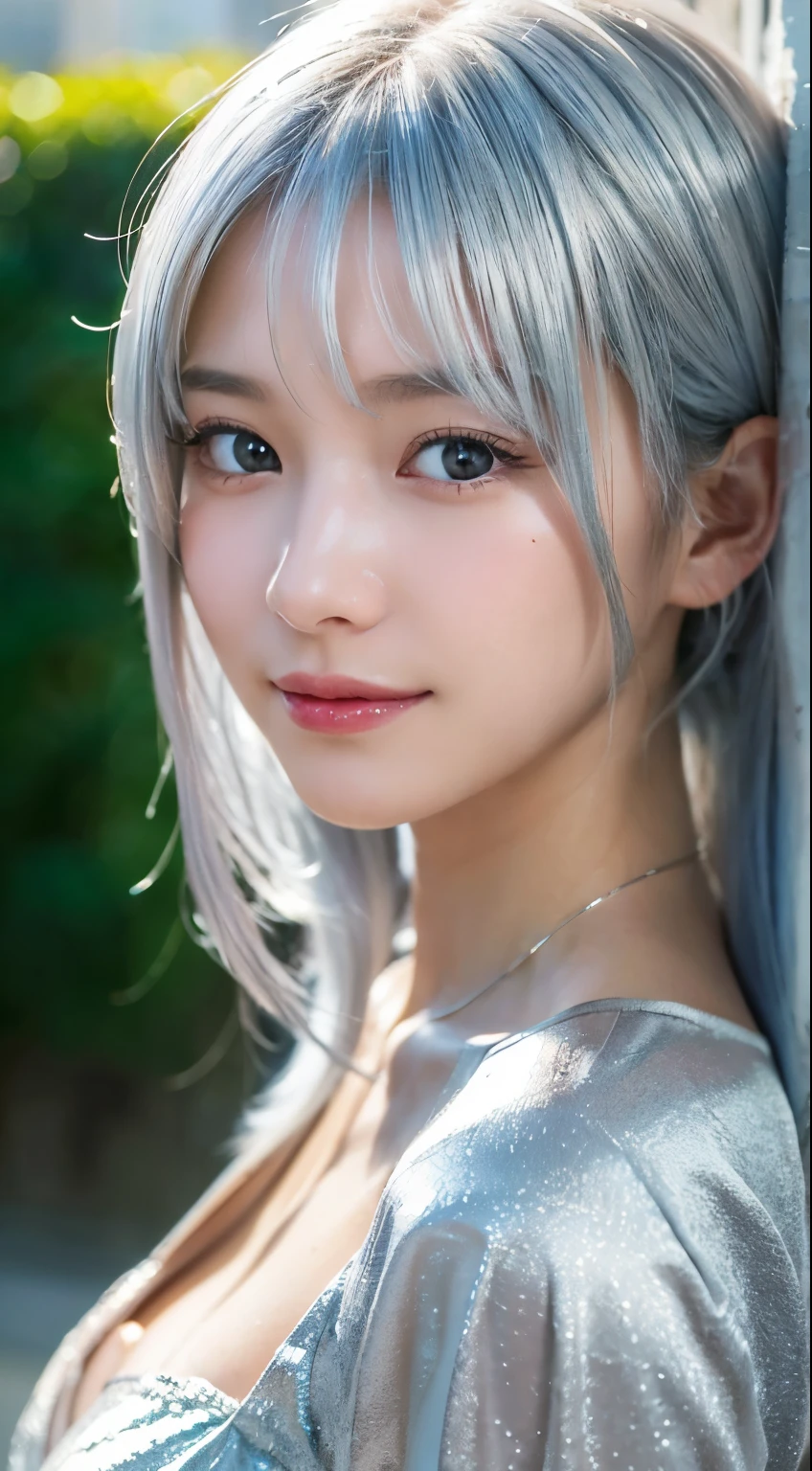 (highest quality,8K quality,masterpiece:1.3),(Silver Hair:1.3)、Very small breasts、Small breasts、(Ultra-high resolution,Realistic:1.4,Live Shooting),(Very detailed,Caustics,Detailed Background),(Ultra-Realistic Capture,Beautiful and detailed skin,Perfect Anatomy),Summer Morning,School building,Schoolyard,14 years old,cute,single eyelid,Silver Hairのショートカットの髪,camisole,Looking at the camera,A sloppy smile,Bust up shot,Natural light