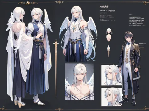 ((Masterpiece, Highest quality)), Male, boy, Detailed face, character design sheet， full bodyesbian, Full of details, frontal body view, back body view, Highly detailed, Depth, Many parts, angel wings, angel outfit, Muscle boy with black long hair bangs，ha...