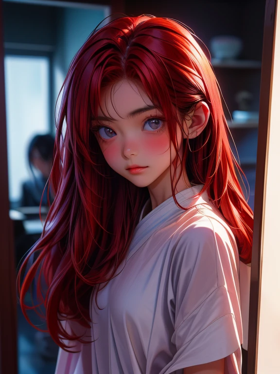 (ultra-high quality, ultra-detailed, HDR), portraits, beautiful 18-year-old girl, red hair, gorgeous Chinese girl, soft cotton panties, at the entrance, (dark private office, dark and melancholy lighting:1.2)