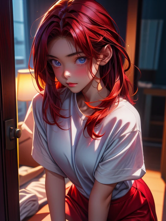 (ultra-high quality, ultra-detailed, HDR), portraits, beautiful 18-year-old girl, red hair, gorgeous Chinese girl, soft cotton panties, at the entrance, (dark private office, dark and melancholy lighting:1.2)