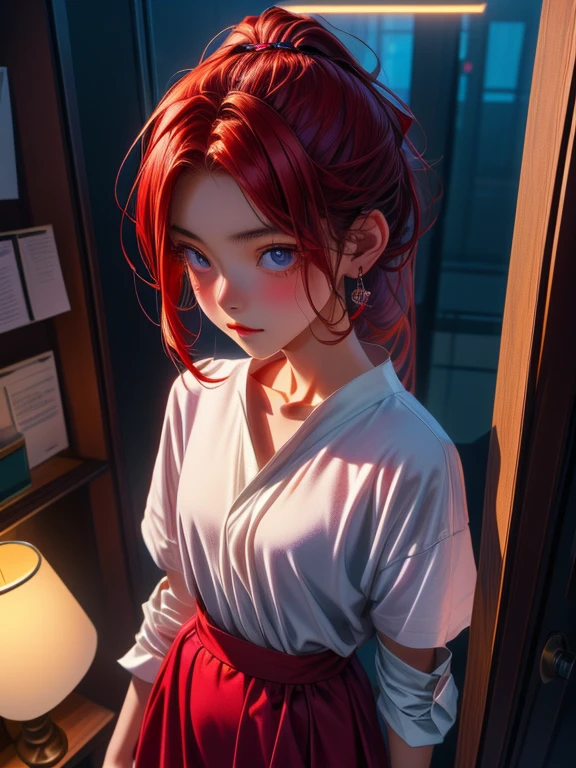 (ultra-high quality, ultra-detailed, HDR), portraits, beautiful 18-year-old girl, red hair, gorgeous Chinese girl, soft cotton panties, at the entrance, (dark private office, dark and melancholy lighting:1.2)