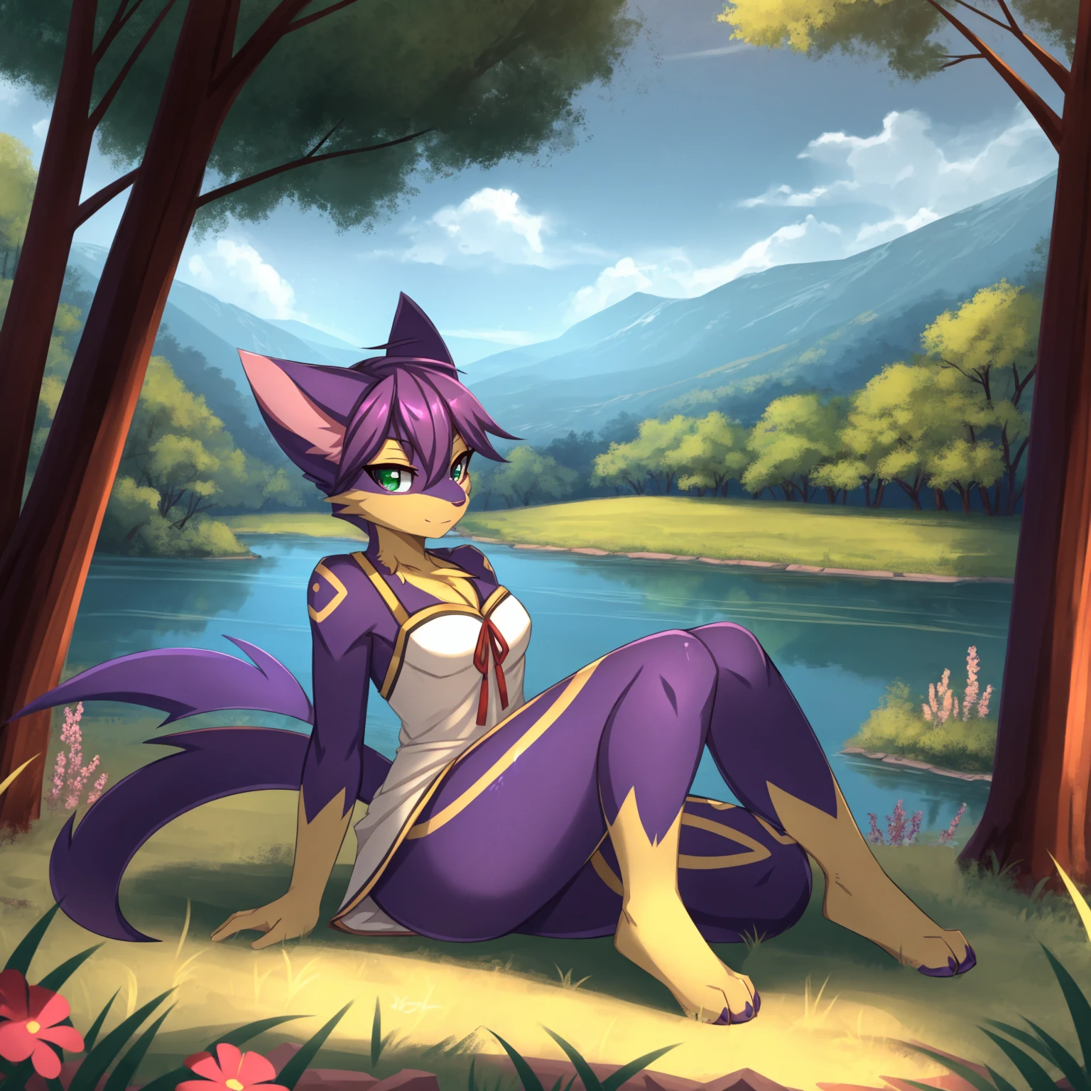 By zinfyuu on pixiv,by twistedscarlet60, uploaded on pixiv, by fluff-kevlar, (masterpiece), (best quality), (anthro furry:1.3, snout:1.2, anthro:1.3, furry:1.2, solo female:1.2), (extremely detailed:1.3), (green_detailed_eye), wearing white dress, sfw, forest, sitting, lake, nature beauty, view on viewer, liepard, very short hair, purple hair