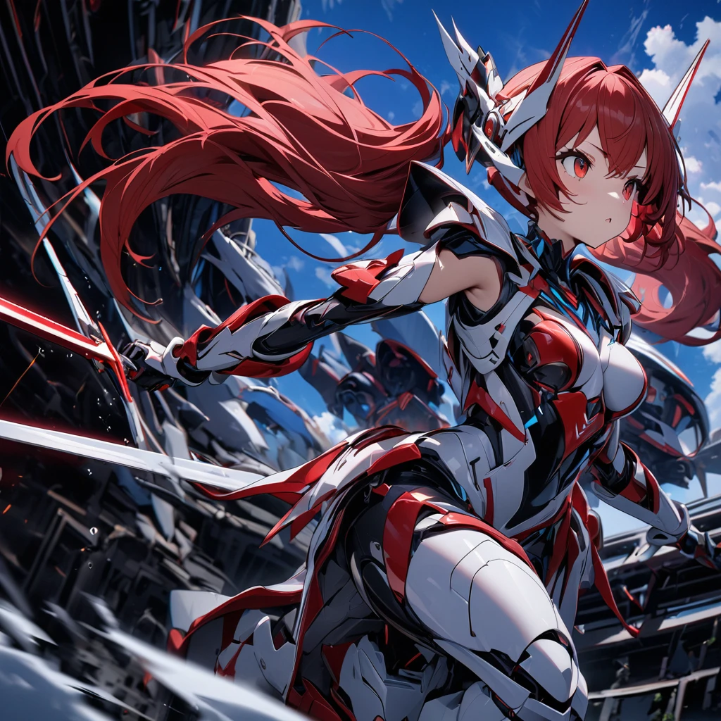 High quality, high definition, hig
h precision images,8k 1 Girl Robot Girl、red hair,Twin tails,Red eyes、 ,(red and white clothing Hold it with one hand),,He's wearing flashy robot armor.Holding a red and white long sword,、Blue sky.Flying in the sky,Figure moving at high speed side view,shot from a distance
protector for face and head,show the whole body
