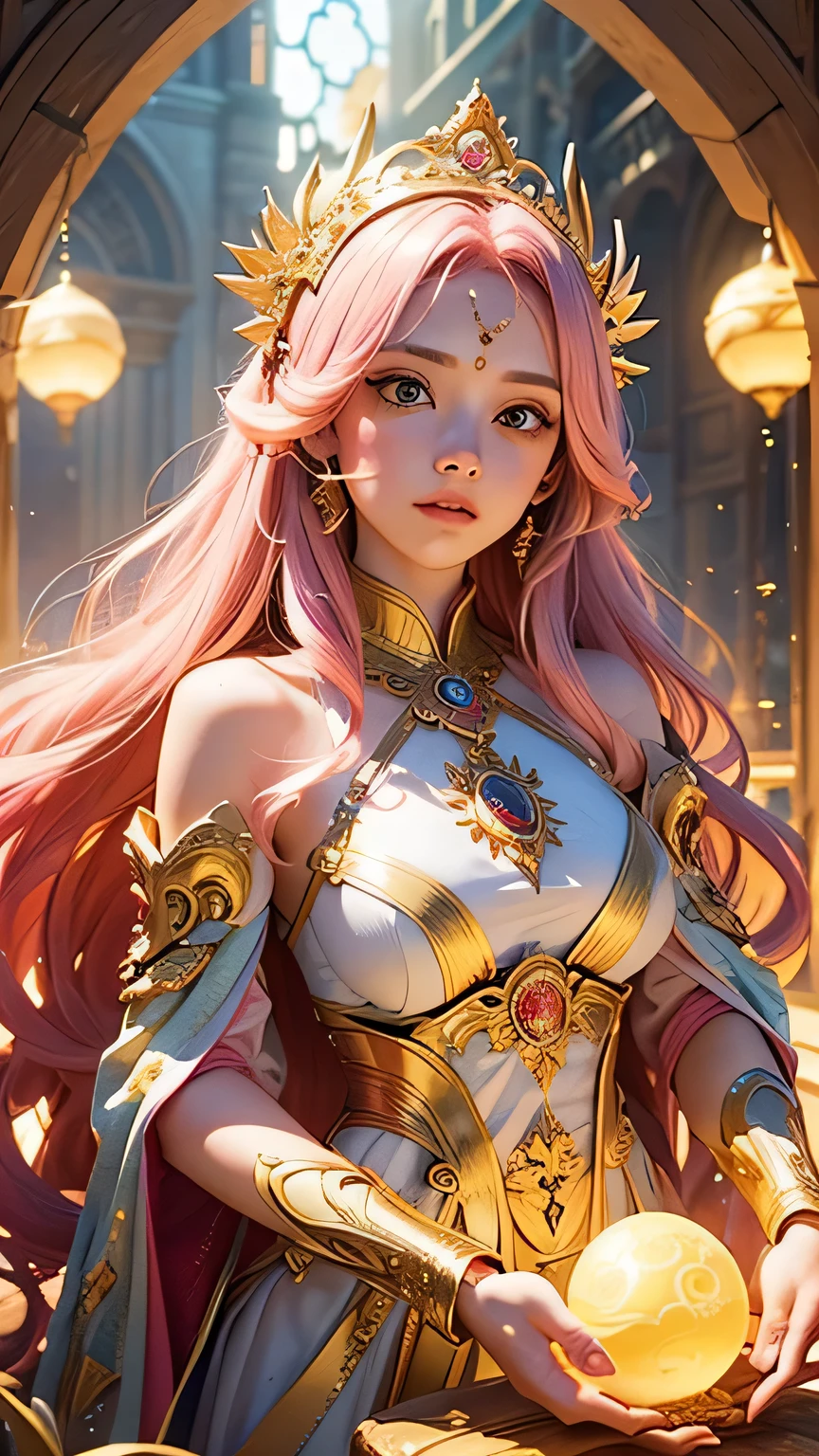 "Maiden of the Sun": In a sacred sanctuary bathed in the sunlight, we depict the figure of a sun goddess. She gazes towards us, emitting a divine radiance, with her hair shining golden. The camera focuses on her face, with orbs of light representing the life-giving power of the sun in her hands. The background is predominantly pink, evoking a sense of divine grandeur. The setting is a place where many cats reside, enveloped in soft, bright light, offering tranquility and peace of mind, free from any trace of anxiety. She is accompanied by her beloved Munchkin cat.