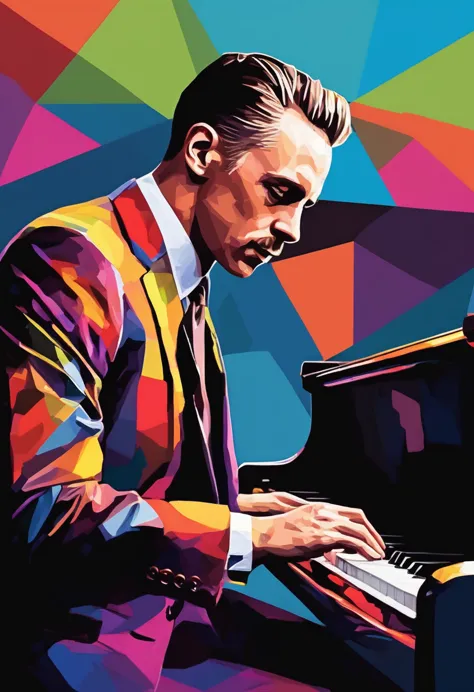 Jazz Night, painting of a man playing a piano in a colorful suit,  energetic jazz piano portrait, wpap, colourful movie art, ext...