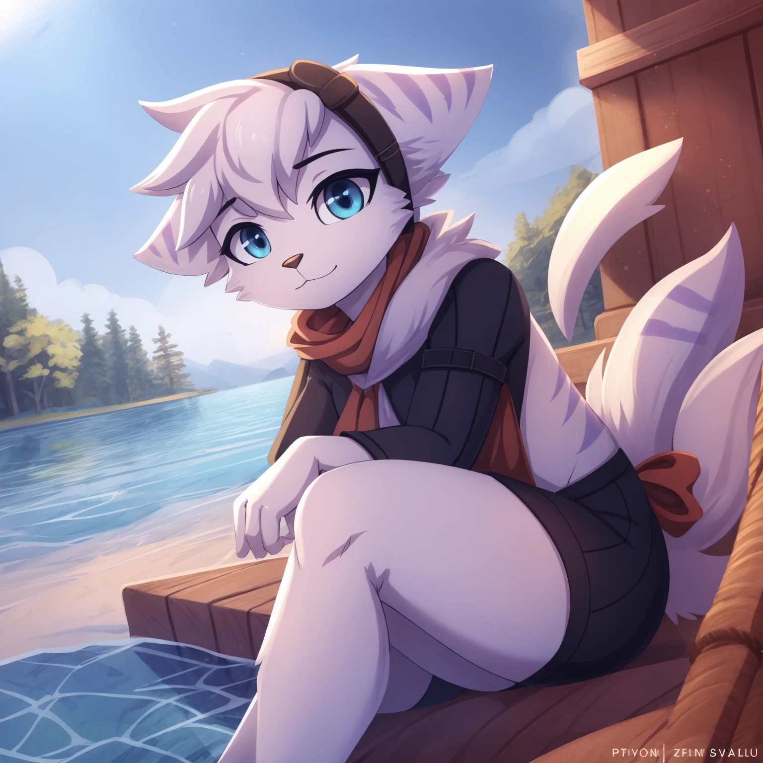 By zinfyuu on pixiv,by twistedscarlet60, uploaded on pixiv, by fluff-kevlar, (masterpiece), (best quality), (anthro furry:1.3, snout:1.2, anthro:1.3, furry:1.2, solo female:1.2), (extremely detailed:1.3), (blue_detailed_eye), absol, wearing white dress, sfw, forest, sitting, lake, nature beauty, view on viewer, rivet