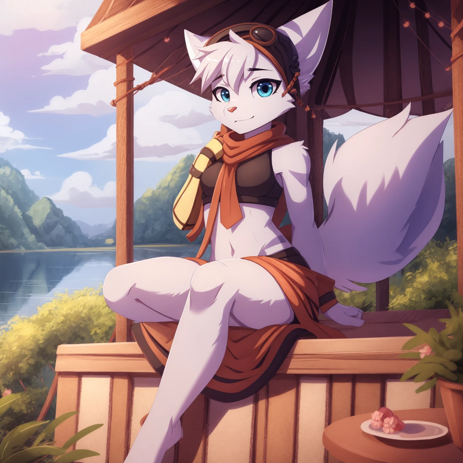 By zinfyuu on pixiv,by twistedscarlet60, uploaded on pixiv, by fluff-kevlar, (masterpiece), (best quality), (anthro furry:1.3, snout:1.2, anthro:1.3, furry:1.2, solo female:1.2), (extremely detailed:1.3), (blue_detailed_eye), absol, wearing white dress, sfw, forest, sitting, lake, nature beauty, view on viewer, rivet