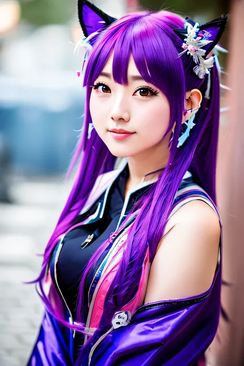 anime girl with purple hair and purple eyes in a purple outfit, ayaka genshin impact, [[[[grinning evily]]]], akasuki voidstar, ...