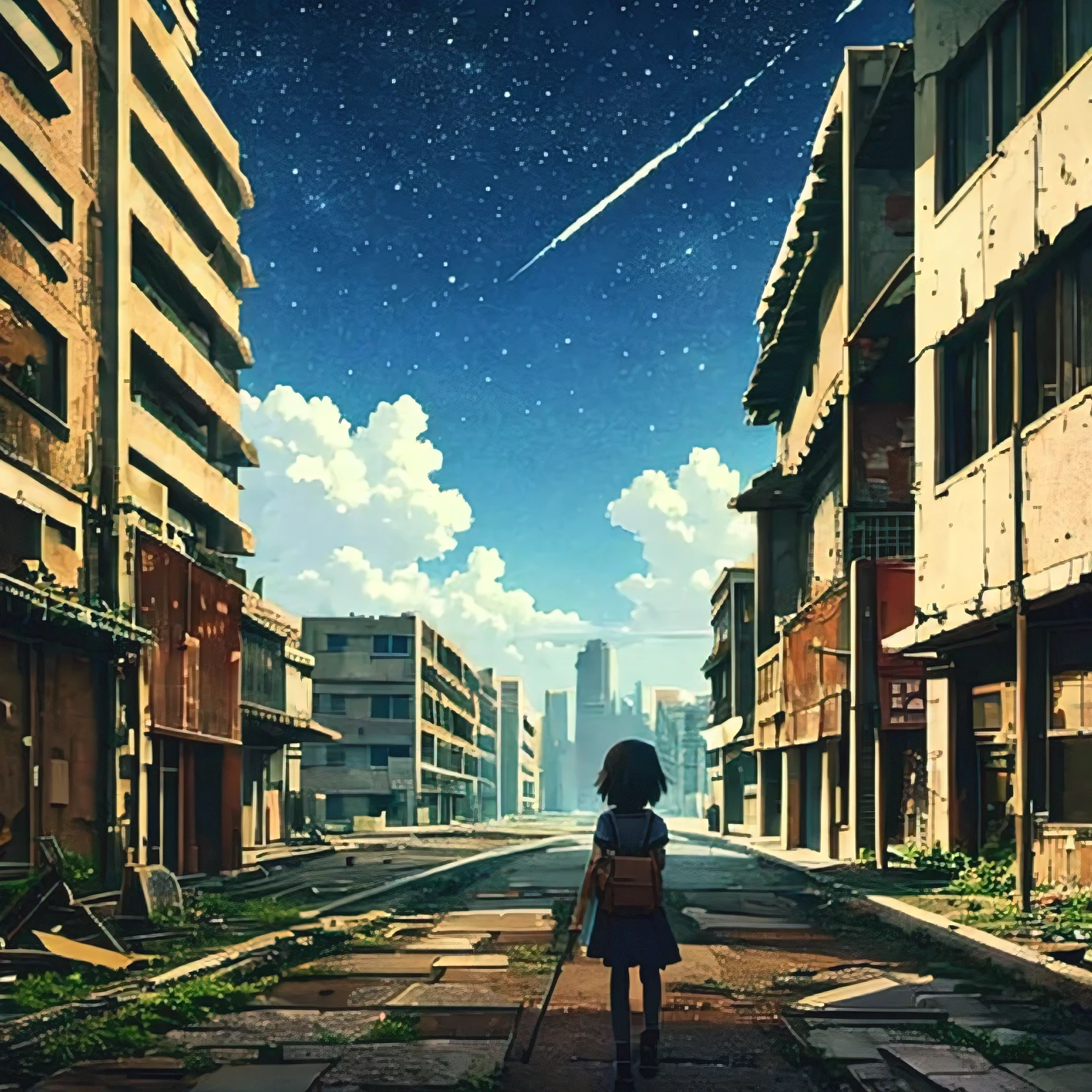 Anime style landscape, decayed city, poor lighting, girl walking in the decayed city, starry sky, girl with big breasts, girl with little clothes