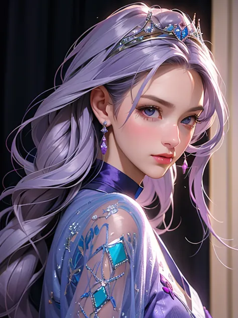 {{masterpiece、highest quality、(((realistic、realistic:1.37)))、8k quality}}, a woman with purple-silver hair and a purple-silver d...