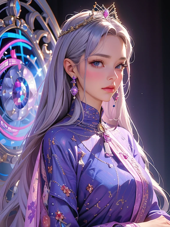 {{masterpiece、highest quality、(((Realistic、Realistic:1.37)))、8K quality}}, A woman with purple-silver hair and a purple-silver dress is standing in the room., A geometric pattern created using special techniques on a translucent fabric, artwork in the style of Gweitz, Gweitz, ((Beautiful Fantasy Empress)), Highly detailed art gems, Style Art Germ, Gweitz masterpiece, Art James&#39; Style, Beautiful Fantasy Empress, Artgerm details