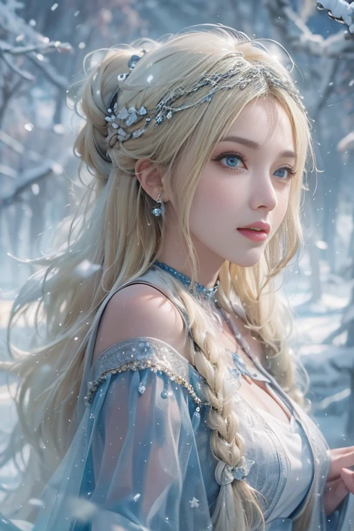 (photorealistic:1.8, highest quality:1.8,8K masterpiece:1.8,High resolution,muste piece:1.8),A 23-year-old woman standing on a snow mountain,fantasy,(transparent dresini skirt,Transparent Shawl、Elegant earrings、choker), beautiful detailed blue eyes:1.7,double eyelid:1.6,beautiful skin:1.8, (looking at the camera:1.2),(Photo seen from below:1.3),(long Hair:1.2,beautiful shining blonde hair:1.5), expression(Impish Smile:1.3,face turns red:1.3),(Moderate chest:1.3),Pause(Seductive pose:1.5),background(snow scene:1.5,snow mountain:1.3,fairyland forest),(slender:1.2),(detailed perfect face),normal hands:1.5,normal finger:1:5,normal feet:1.5,(cameltoe)