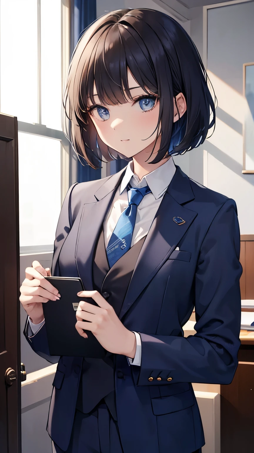 ((masterpiece)), (textured skin), ((high details)), best quality, award winning, 8k, ((beautiful woman)), beautiful lady in male clothing, (blue suit, brown tie), white shirt, ((three-piece suit)), black hair, swept bangs, bob cut, at office, lawyer, expressions, from behind