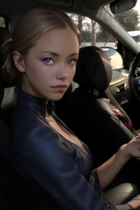 t3rmkl0k, a woman in her car, driving, blue eyed,