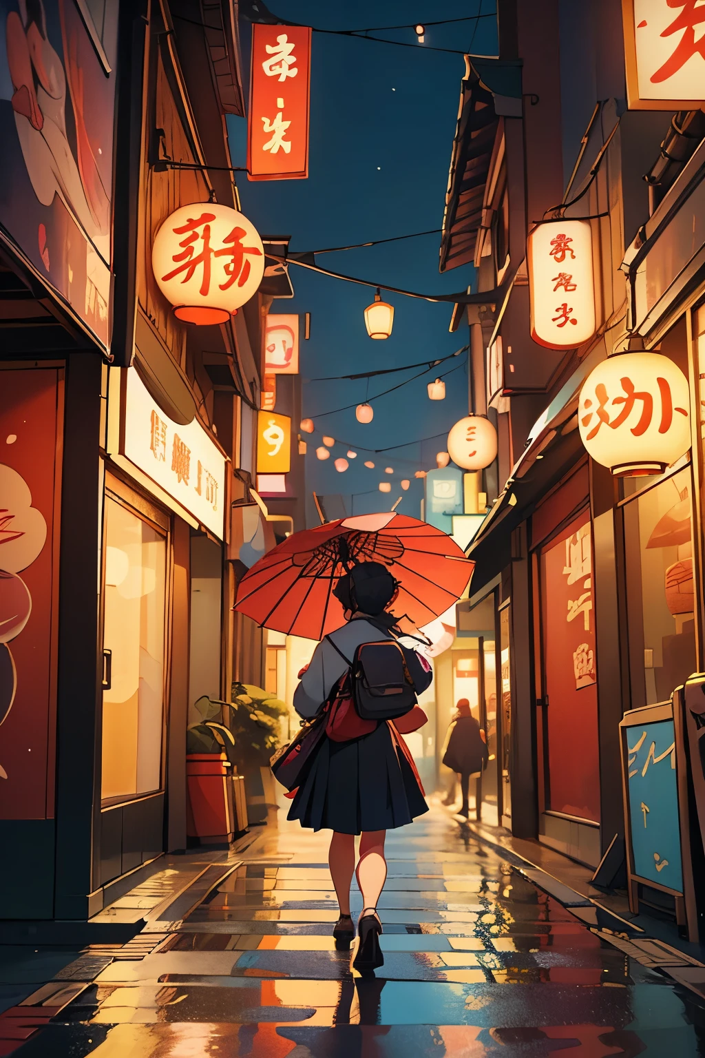 (beste Qualität,4k,8k,highres,Meisterwerk:1.2),ultra-detailliert,(realistisch,photorealistisch,photo-realistisch:1.37),ein Mädchen, das eine Straße in Tokio entlang geht,Nachtszene,schmale Gasse,Neonlichter,Lo-Fi-Hip-Hop-Beats,Hektik in der Stadt,lebendige Atmosphäre,dunstige Atmosphäre,entspannte Atmosphäre,Tokio Tower im Hintergrund,fallende Kirschblüten,Cosplay-Läden,Anime-Werbetafel,Essensstände, die köstliche Aromen verströmen,Einsamkeit,Spiegelung in Pfützen,in einem modischen Outfit gekleidet,einen trendigen Rucksack tragen,Musik hören mit Vintage-Kopfhörern,Straßenkünstler spielen traditionelle Instrumente,Street-Art-Wandmalereien an den Wänden,vorbeifahrende Fahrräder,Regenschirme in verschiedenen Farben,Dampf steigt aus Ramen-Läden auf,Dachgärten mit Bonsai-Bäumen,zen gardens,Tempel, die durch die Skyline ragen,neblige Atmosphäre,Bis spät in die Nacht geöffnete Convenience Stores leuchten warm,Papierlaternen erhellen die Straßen,Japanische Symbole vermischen sich mit westlichen Einflüssen,Dekorationen mit Sakura-Motiven,trendige Cafés mit Sitzgelegenheiten im Freien,Teehäuser mit Schiebetüren und Tatami-Matten,verschwommene Bewegung vorbeifahrender Autos,vertikale Schilder mit bunten Kanji-Zeichen,nostalgische Arcade-Spiele in schwach beleuchteten Hallen.