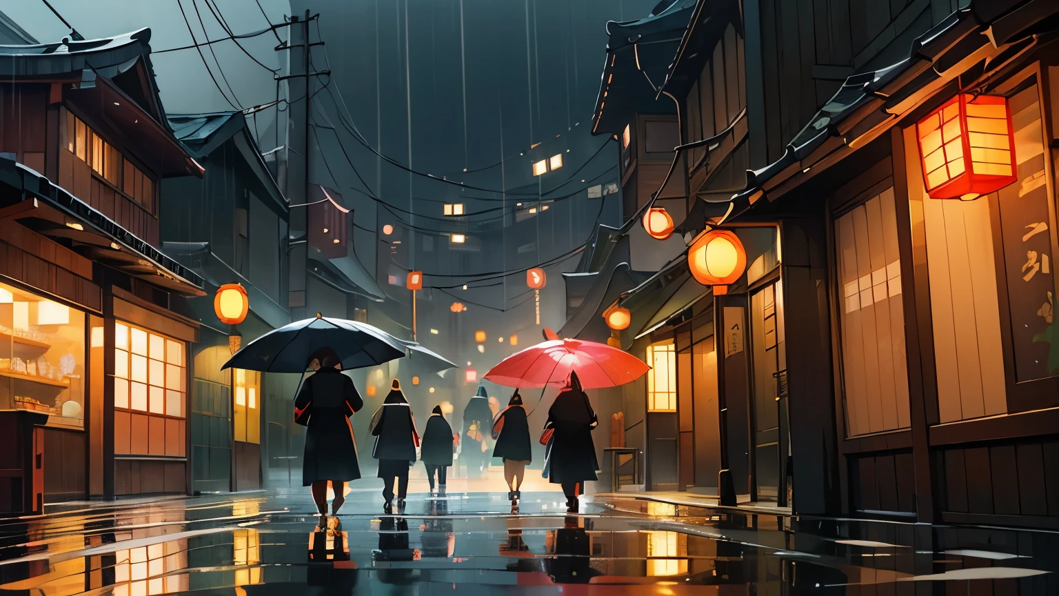 (เมืองที่ฝนตกในเวลากลางคืนในญี่ปุ่น),สะท้อนน้ำบนยางมะตอยเปียก,ป้ายไฟนีออนเรืองแสง,ร่มที่ส่องแสงระยิบระยับท่ามกลางสายฝน,ภาพเงาของผู้คนกำลังรีบอยู่ใต้ร่มสีสันสดใส,ไอน้ำพุ่งขึ้นมาจากแผงขายอาหารริมถนน,แสงไฟหมอกส่องสว่างตามถนนที่มืดมิด,มีต้นซากุระส่องสว่างเป็นฉากหลัง,ถนนที่แวววาวด้วยหยาดฝน,บรรยากาศอันน่าหงุดหงิดที่เกิดจากสภาพแวดล้อมที่เปียกโชกไปด้วยสายฝน,เสียงเม็ดฝนกระทบหน้าต่าง,เส้นแสงจากรถที่ผ่านไปมา,เงาทอดจากตึกสูง,โคมแขวนเหนือตรอกแคบๆ สไตล์ญี่ปุ่นดั้งเดิม,สะพานไม้เก่าข้ามแม่น้ำ,กลิ่นชาเขียวชงสดๆ ลอยมาจากร้านน้ำชาใกล้ๆ,เสียงชีวิตยามค่ำคืนที่คึกคักดังก้องไปไกล,เงาสะท้อนของแสงไฟในเมืองบนหน้าต่างที่เปียกฝน,ถนนเรียงรายไปด้วยร้านขายของที่ระลึกที่จำหน่ายสินค้าญี่ปุ่นแบบดั้งเดิม,ความเงียบงันถูกทำลายด้วยเสียงฝีเท้าเป็นครั้งคราวเท่านั้น,ความรู้สึกที่จมอยู่ในโลกแห่งภาพสะท้อนและหมอก,บรรยากาศอันเงียบสงบแต่มีชีวิตชีวาของเมืองที่เต็มไปด้วยสายฝน,แสงอันบริสุทธิ์ปกคลุมทั่วทั้งฉาก,ความลึกลับและเสน่ห์ของคืนฝนตกในญี่ปุ่น.