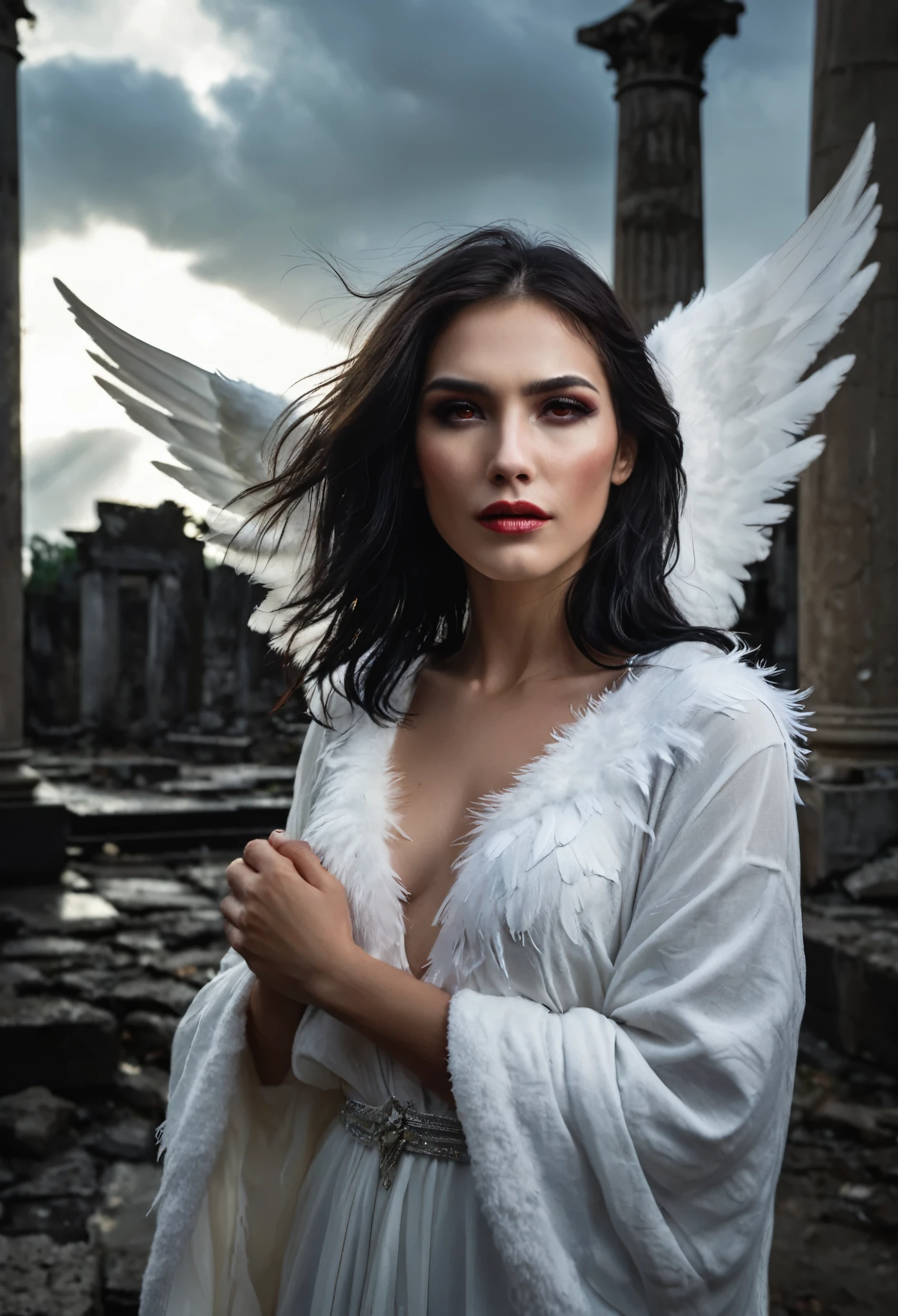 (best quality,4k,8k,highres,masterpiece:1.2),ultra-detailed,realistic,angel wearing black feathery wings and a tattered white robe,beautiful detailed eyes,beautiful detailed lips,fallen from grace,black and white color scheme,hauntingly dark environment,enveloped in shadows,slight flicker of a halo,broken halo,feathers drifting in the air,demonic presence,ominous aura,sinister smirking expression,destroyed heavenly background,stormy clouds and lightning,crumbling pillars and marble ruins,dramatic lighting,contrasting light and shadows,cracks in the earth,creeping darkness,ethereal mist,ominous glowing eyes,corrupted halo,abandoned angelic wings,disheveled hair,blood red tears,forbidden power,consuming darkness,echoes of haunting cries,evil manifestation,tormented soul,fallen angel with outstretched hands,despair and sorrow,lost and corrupted beauty,mystical and malevolent.