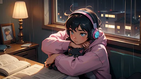 anime girl sitting in her room at night studying with her cat. rain outside window. wearing headphones.