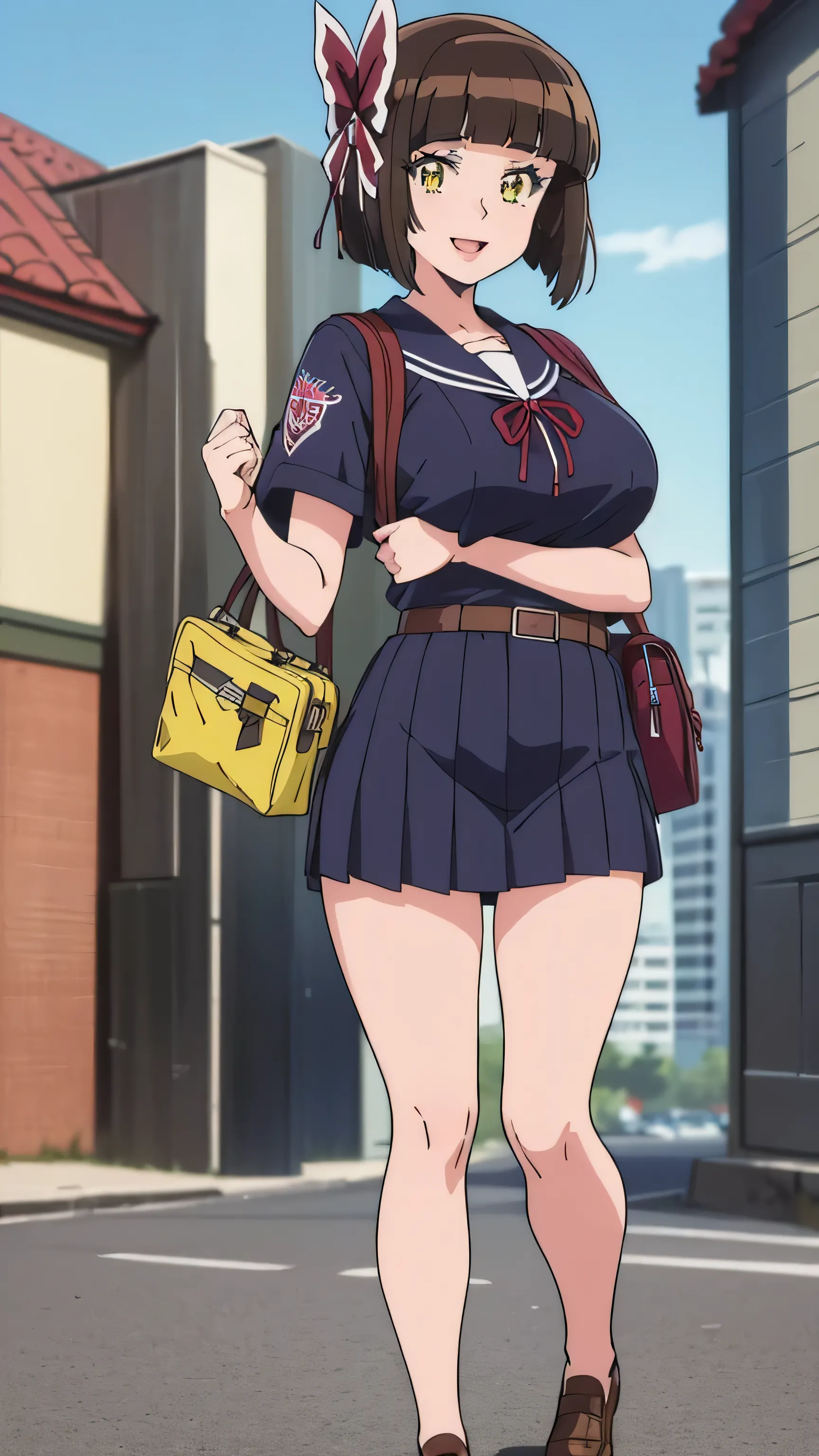 (Masterpiece Anime, One, Retro art style, Clean brush strokes, Very detailed, Perfect Anatomy, Browsing Caution), City Background, In front of the sweets shop, (Full Body Shot), (mio), １Girl, Eyebrows visible through hair, bangs, Brown Hair, Spider web print, hair ornaments, sash, band, Hair Ribbon, compensate, Yellow Eyes, (Sansakumaru:1.4), (Beautiful and detailed:1.5), Open your mouth a little, Confident々Smile, High Body, (Large Breasts:1.5), (Idol Pose), (Over the , Navy blue), (School uniform mini skirt, Navy blue), Leather student bag,