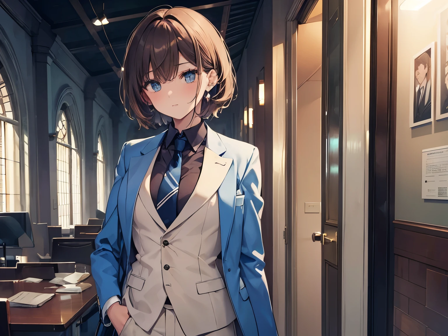 ((masterpiece)), (textured skin), ((high details)), best quality, award winning, 8k, ((beautiful woman)), beautiful lady in male clothing, (blue suit, brown tie), white shirt, ((three-piece suit)), brown hair, swept bangs, short hair, at office, lawyer, expressions